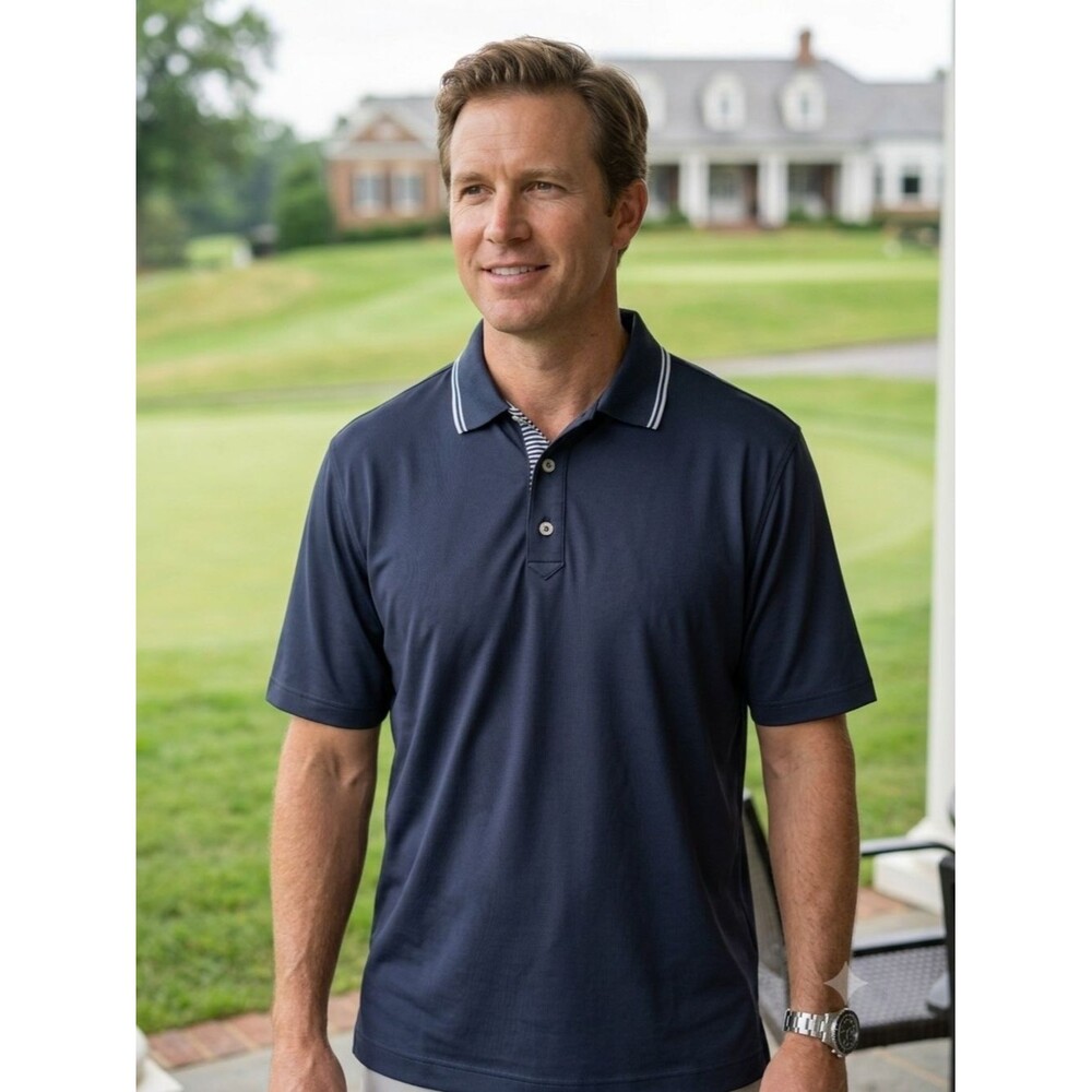 FootJoy Mens Size Large Navy Blue Tipped Collar Short Sleeve Golf Polo Shirt